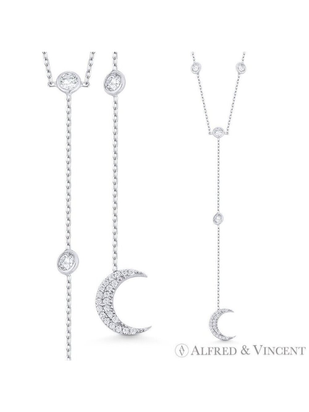 Crescent Moon & Anchor Chain CZ Crystal Bezel Y-Necklace in .925 Sterling Silver